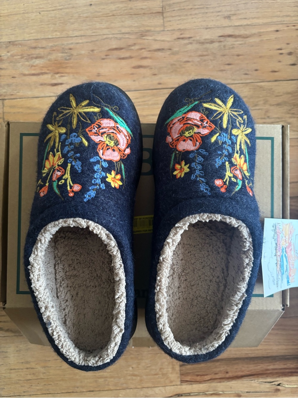 L.L. Bean Navy Wool Embroidered Floral Slip-On Slippers